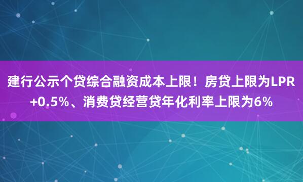 建行公示个贷综合融资成本上限！房贷上限为LPR+0.5%、消费贷经营贷年化利率上限为6%