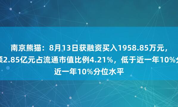南京熊猫：8月13日获融资买入1958.85万元，融资余额2.85亿元占流通市值比例4.21%，低于近一年10%分位水平